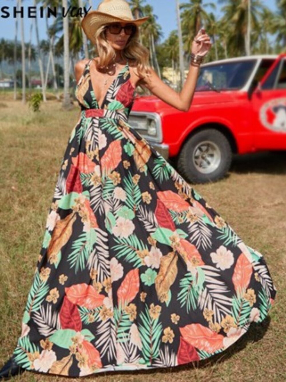NWOT Shein Tropical Print Plunging Neck Maxi Dress - Size Small 4/6